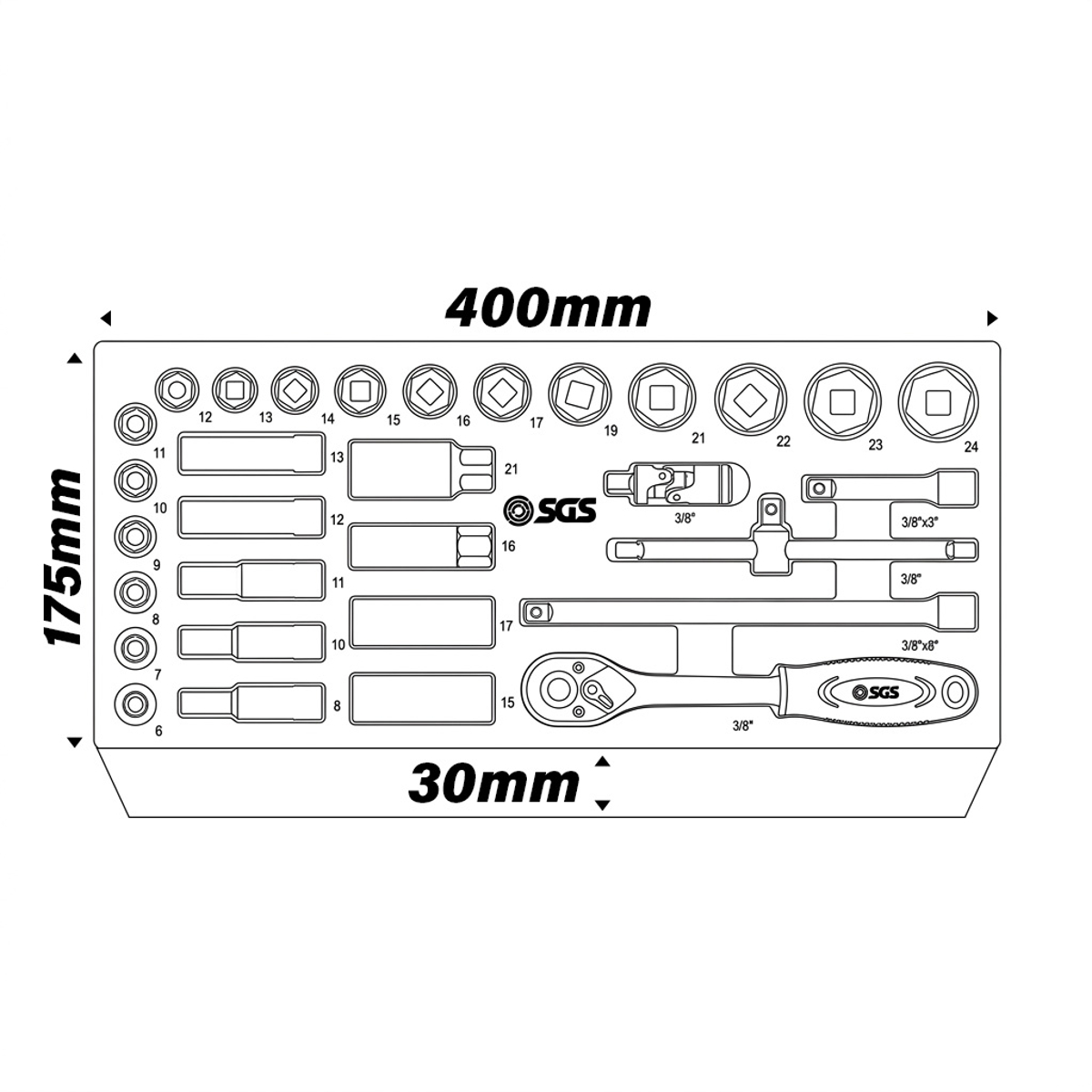 SGS 31pc 3/8in Drive Socket Set | Spark Plug Sockets | Foam Insert